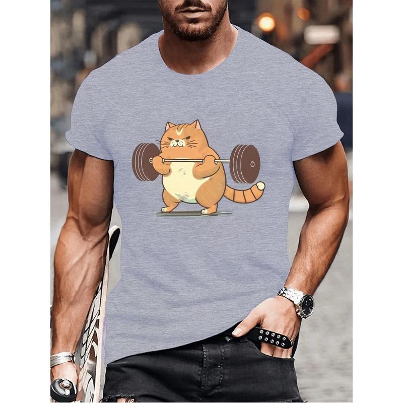 Summer Round Neck Funny Cat Weightlifting Graphic 3D Print Top Sports and Fitness T-shirts Fashionable Casual Short Sleeved Men's T-shirts