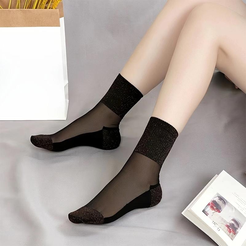 1 Pair Brown Shiny Detail Socks,Colorblock Sheer Mesh Mid Tube Socks, Women'S Stockings & Hosier