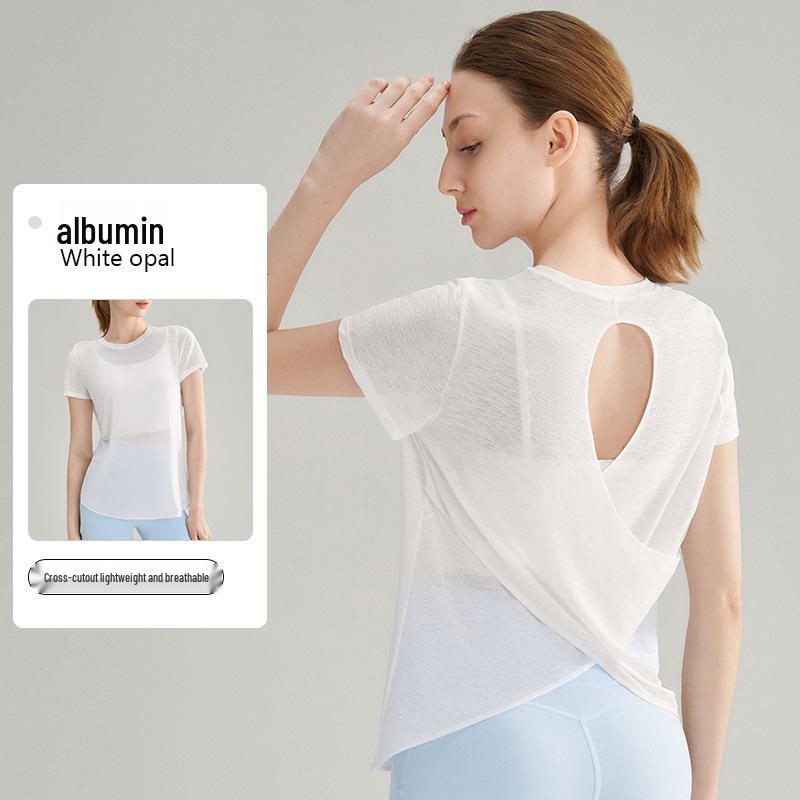 High-End Damen Slub Garn Aushöhlung Rücken Outdoor Sport Top – Atmungsaktiv, Rundhalsausschnitt, Kurzarm Fitness Yoga Überwurf für den Sommer.