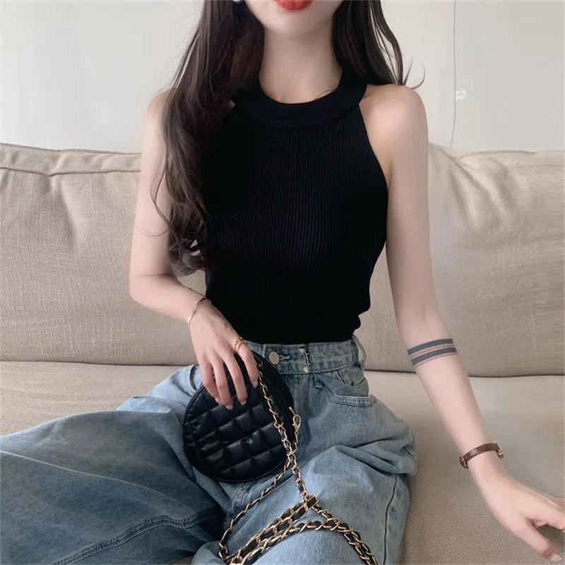 Personality Sleeveless Narrow Shoulder Sexy Vest Hanging Neck To Wear Slimming Waist Crop Thread Knit Top
