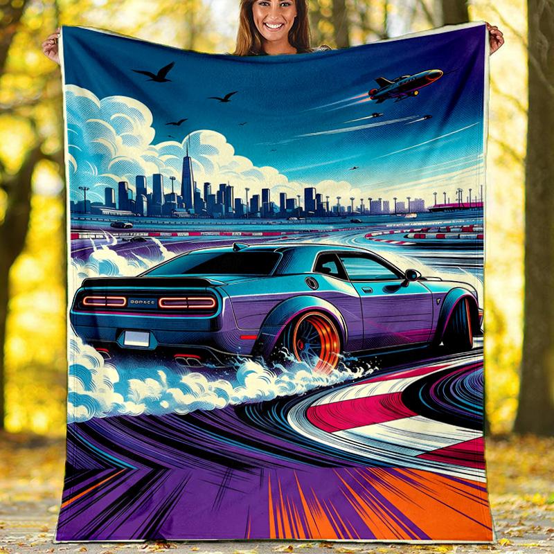 Miami Retro Sports Car Neon Scenery Fleece Printed Flannel Blanket, Warm Soft Throw Sofa Bed Blanket
