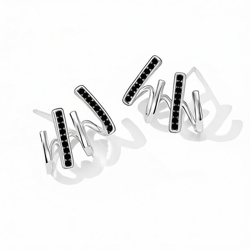 Copper Geometric Stud Earrings with Black CZ and Wavy Bar Design