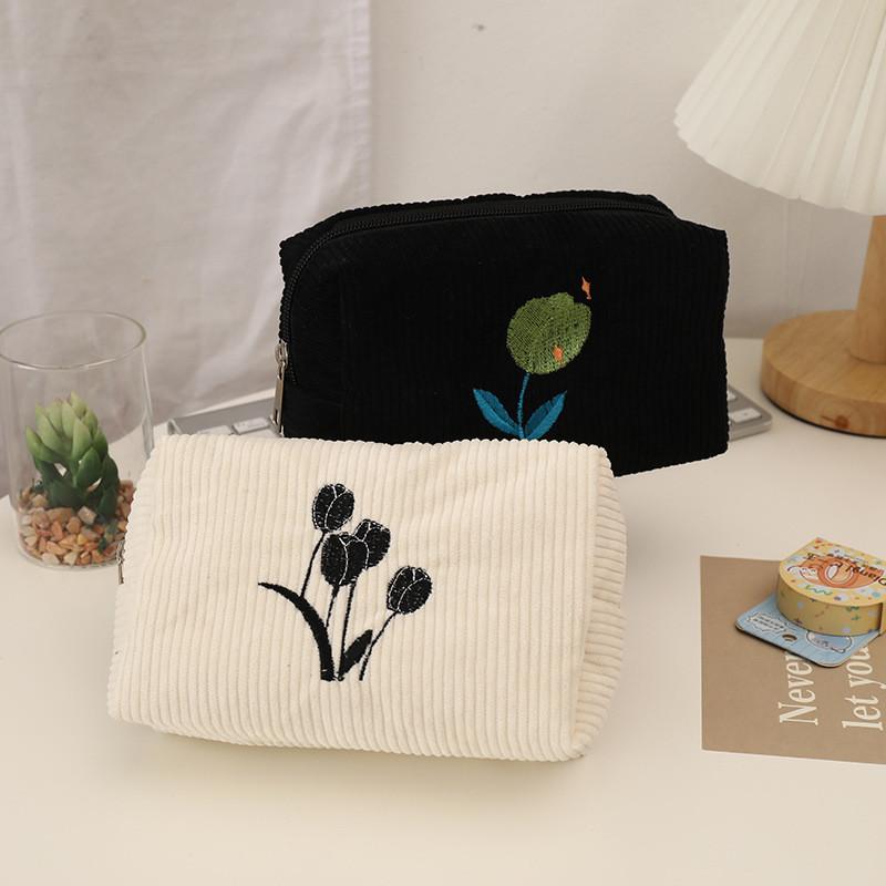 Floral Makeup Bag For Women Large Capacity Cotton Linen Portable Organizer Travel Case