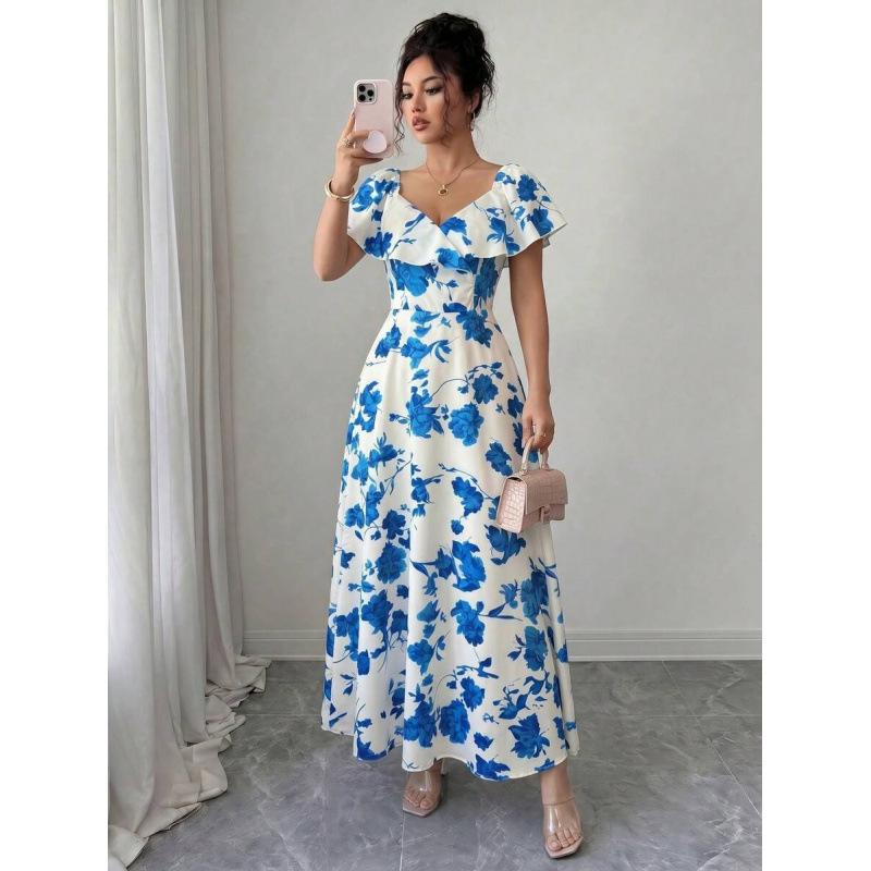 Europe, America 2026 Summer New Temperament Fashionable Ruffle Edge A Word Floral Elegant Dress Women