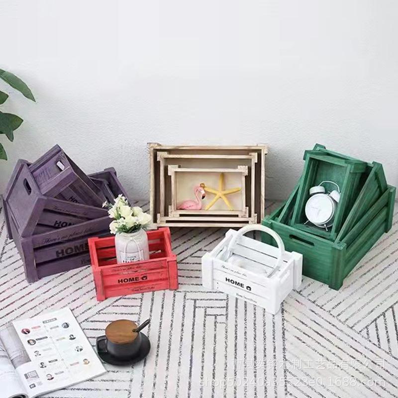 Distressed Wooden Rectangular Basket for Fruit & Vegetable Display