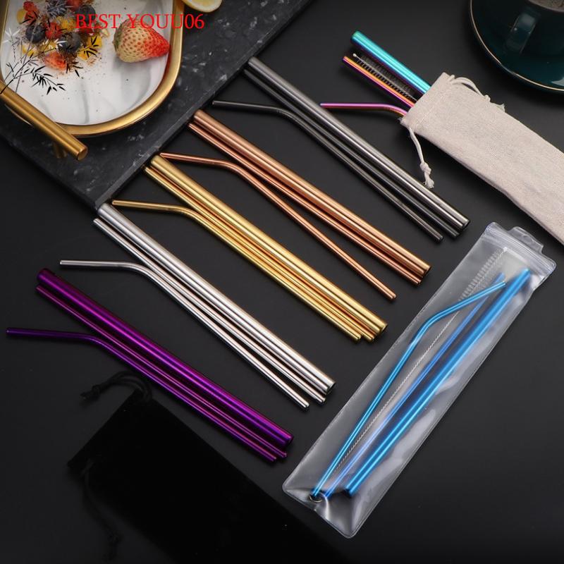 (YOUU06)4PCS Stainless Steel Straw Reusable Metal Drinking Straw With Cleaner Brush For Home Party Barware Bar Accessories