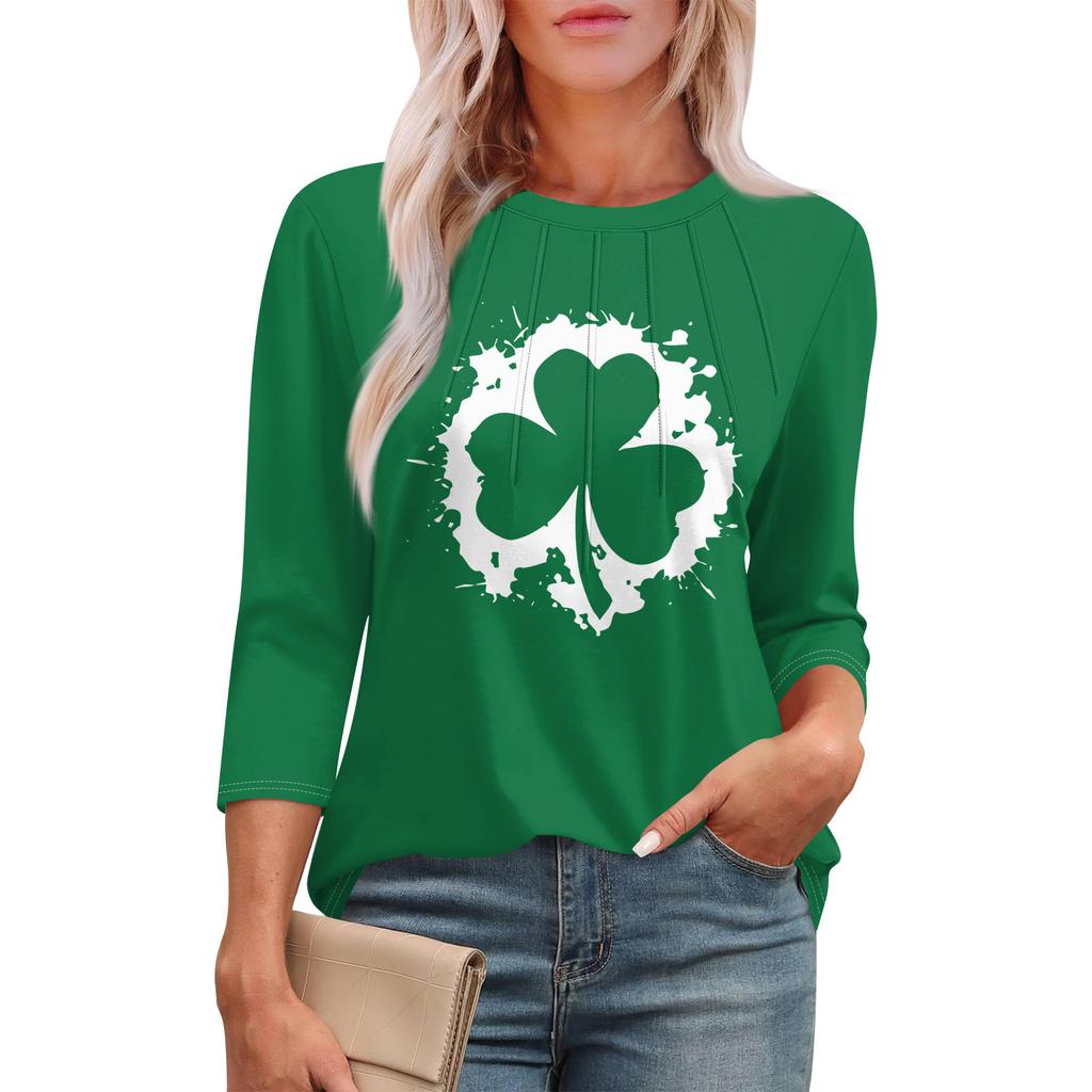 3/4 Langarm Damenoberteile Lässiges Tunika-Top Basic Plissiertes Hemd Locker St. Patrick Print Top