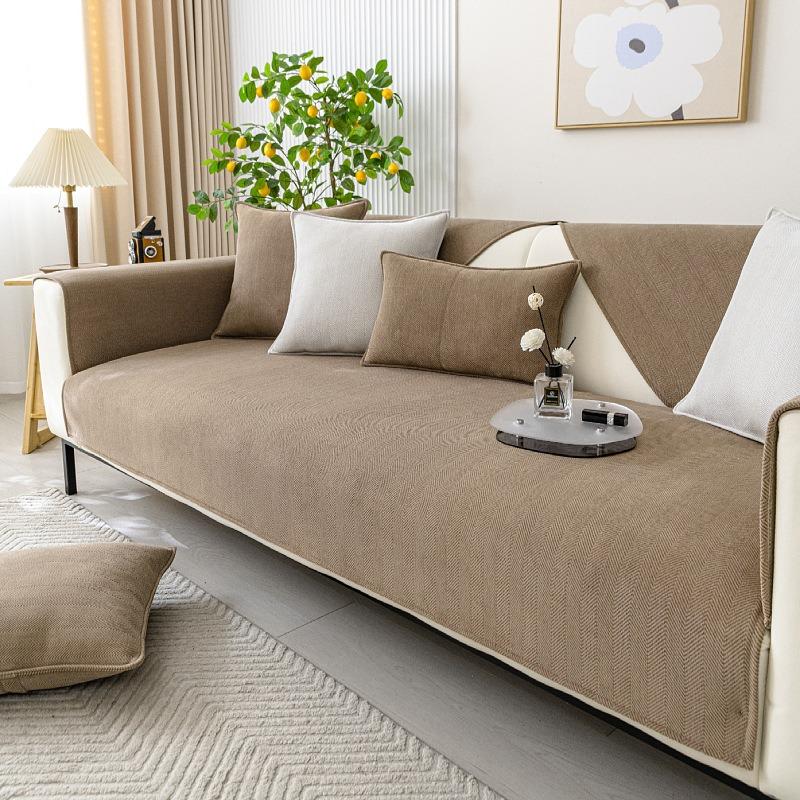 Four Seasons Universal Chenille Sofa Cover Fabric Solid Color Herringbone Stripe Sofa Cushion Modern Simple Anti-Slip Sofa Cover