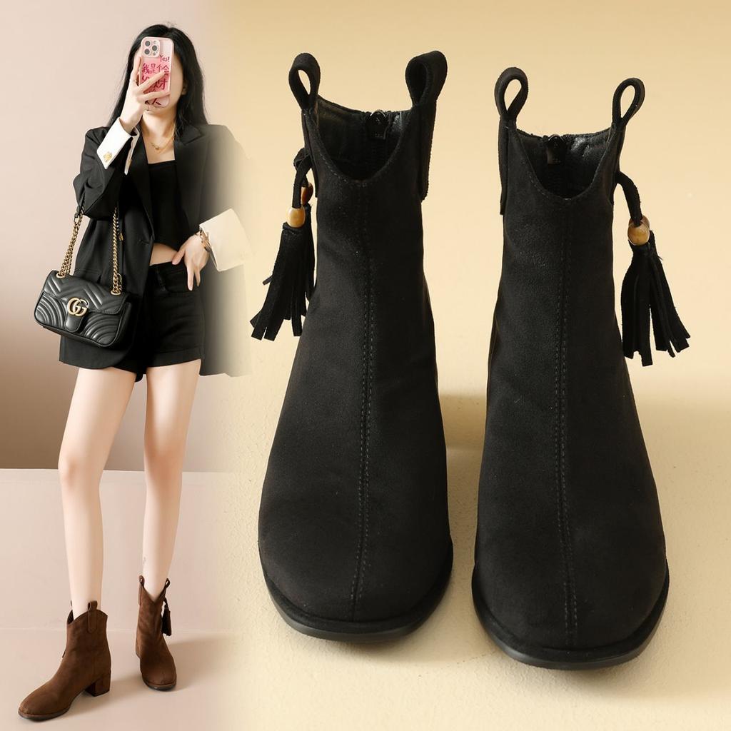 Coarse Heel Fashion Boots Maillard Short Boots Women's Martin Fashion Small Square Head High Heel Spring and Autumn Boots Single Boots Fashion V