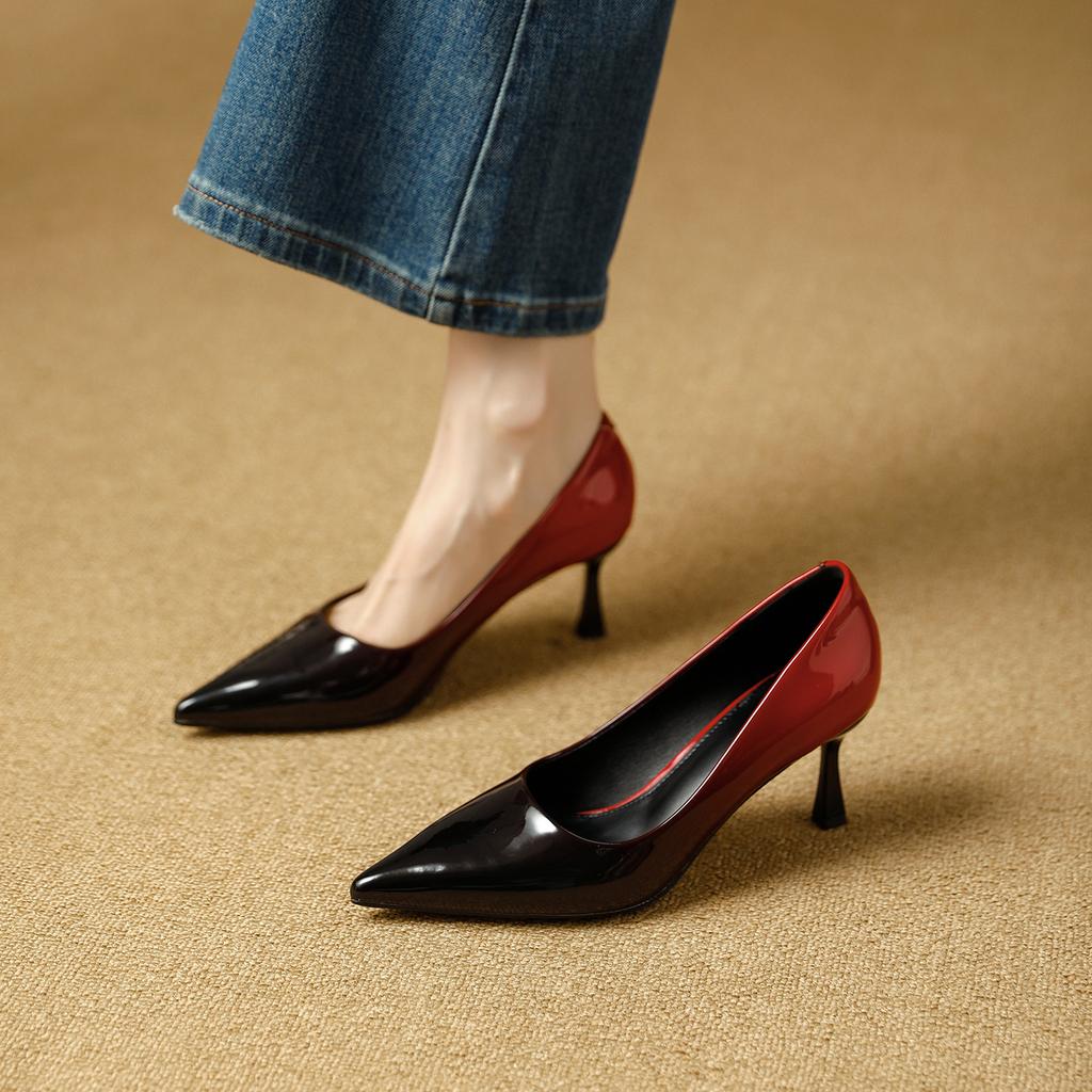 Pointed thin heels high heels high sense not tired feet 2026 spring temperament patent leather color matching light mouth single shoes