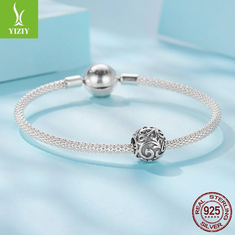 Vintage S925 Sterling Silver Rolled Grass Pattern Beaded Loose Beads, Personalized Texture Diy Bracelet Beads