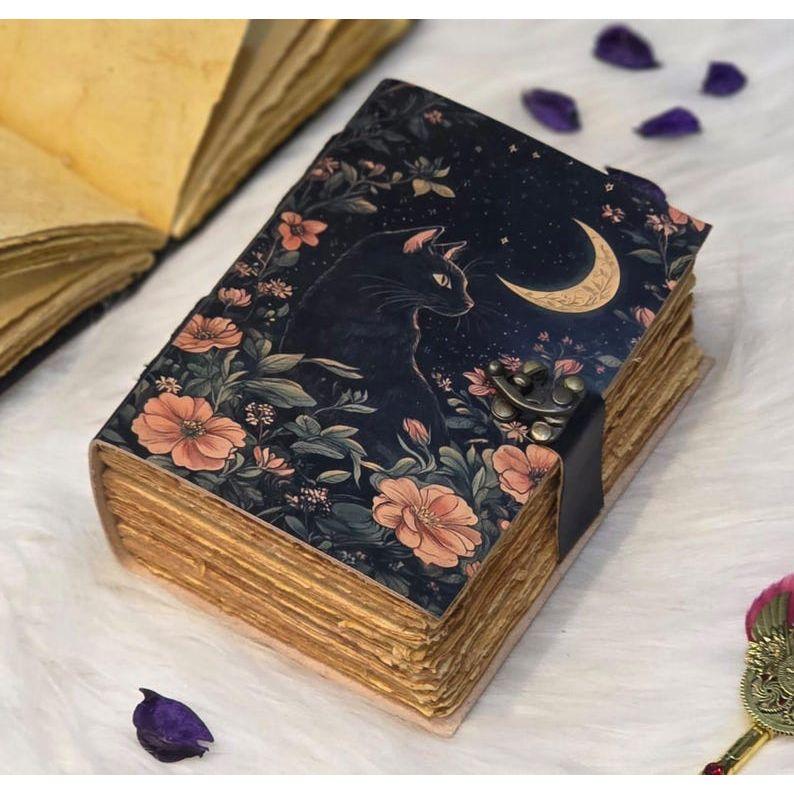 Black Cat Moon Journal | Handmade Vintage Diary with Lock | Witchy Notebook | Grimoire Journal | Book of Shadows | Leather Journal