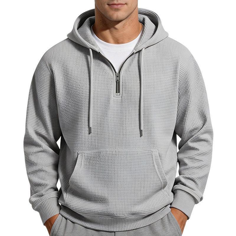 Men S Solid Color Waffle Hooded Half Zip Long Sleeve Pullover Sweatshirt