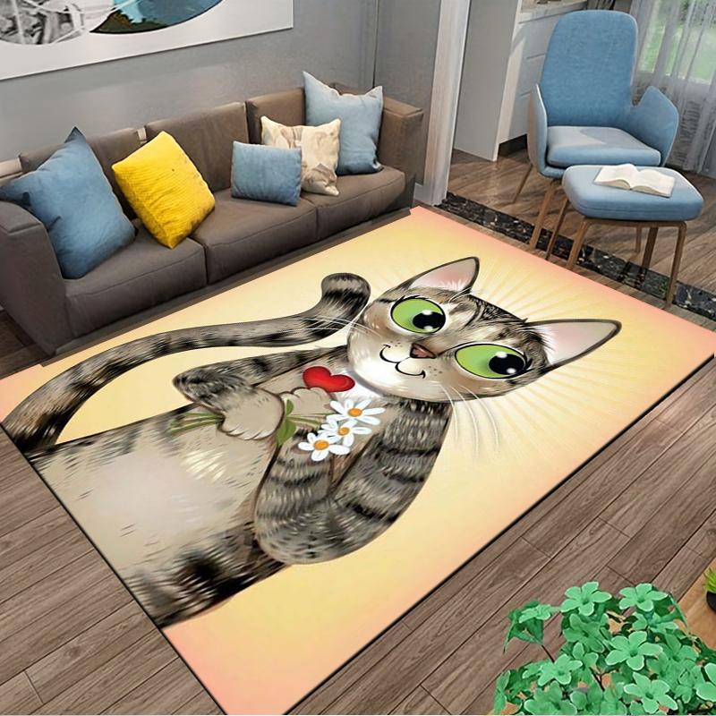 Cute Cartoon Cat Carpet with Heart and Flowers On Sunny Background Suitable for Use As an Anti-slip for Living Room Bedroom Sofas
