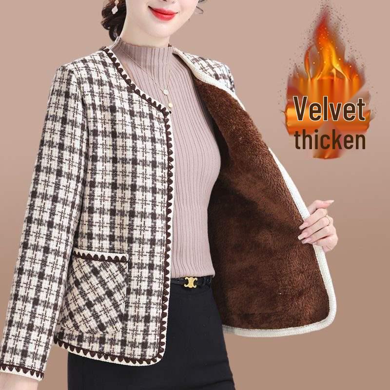Chic Tweed Jacket for Middle-Aged Women - Versatile, Warm, Plus Velvet Cardigan for Autumn/Winter.