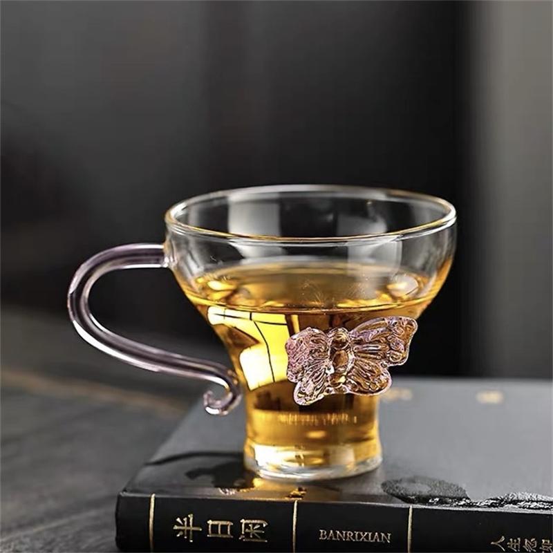 100ml Small Capacity Elegant Pink Butterfly Glass Mug Curved Handle Clear Coffee Tea Cup High Borosilicate Glass Cup Drinkware