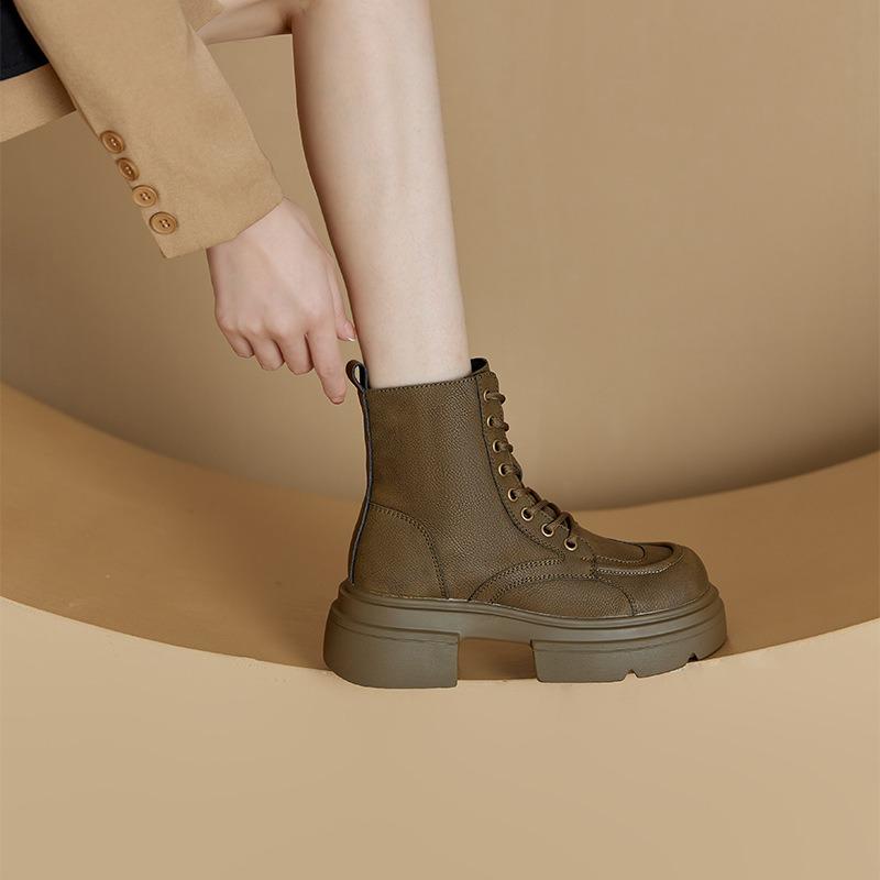 3233 small size leather rhubarb boots women's thick-soled high-top lace-up women's boots velvet solid color casual student shoes
