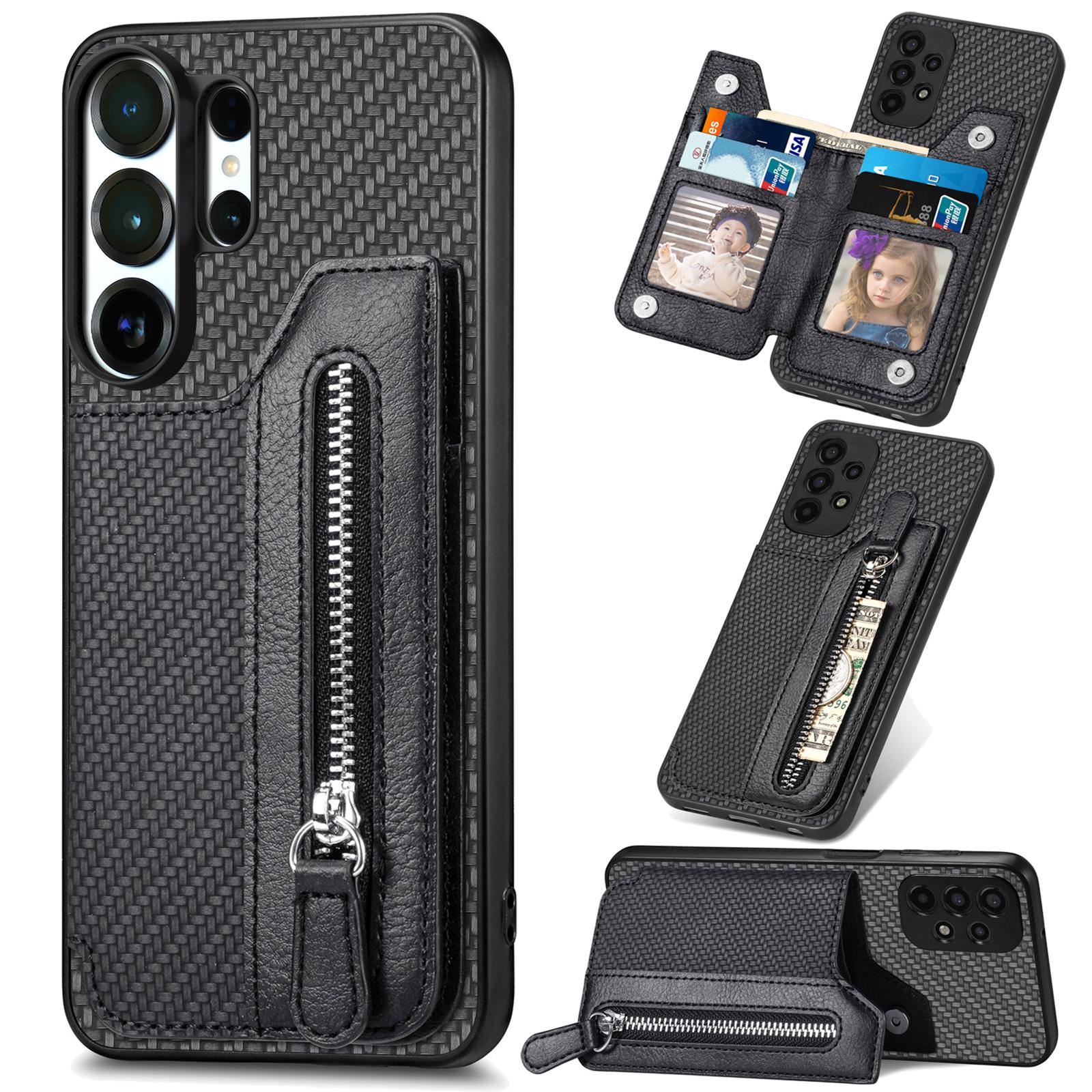 

Zipper Magnetic Carbon Fibrer Cards Solt Wallet Phone Case For Samsung S26 S25FE Ultra S24 Plus S23 S22 S21 Kickstand Flip Cover Galaxy S23 Ultra чорний
