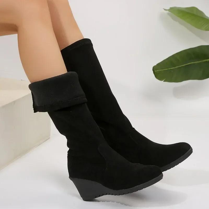 Frühlings Damen Übergröße Keilschuhe Mode Slipper und Wadenhohe Stiefel Retro Lässige Reitstiefel für Damen Hohe Absätze Botas Mujer