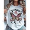 European Size Women'S Plus Size Dreamer Butterfly Graphic Tee -, Round Neck, Short Sleeve, White Casual Summer Top with Pink Roses & Stars Design