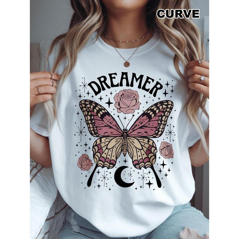 European Size Women S Plus Size Dreamer Butterfly Graphic Tee -, Round Neck, Short Sleeve, White Casual Summer Top with Pink Roses & Stars Design S