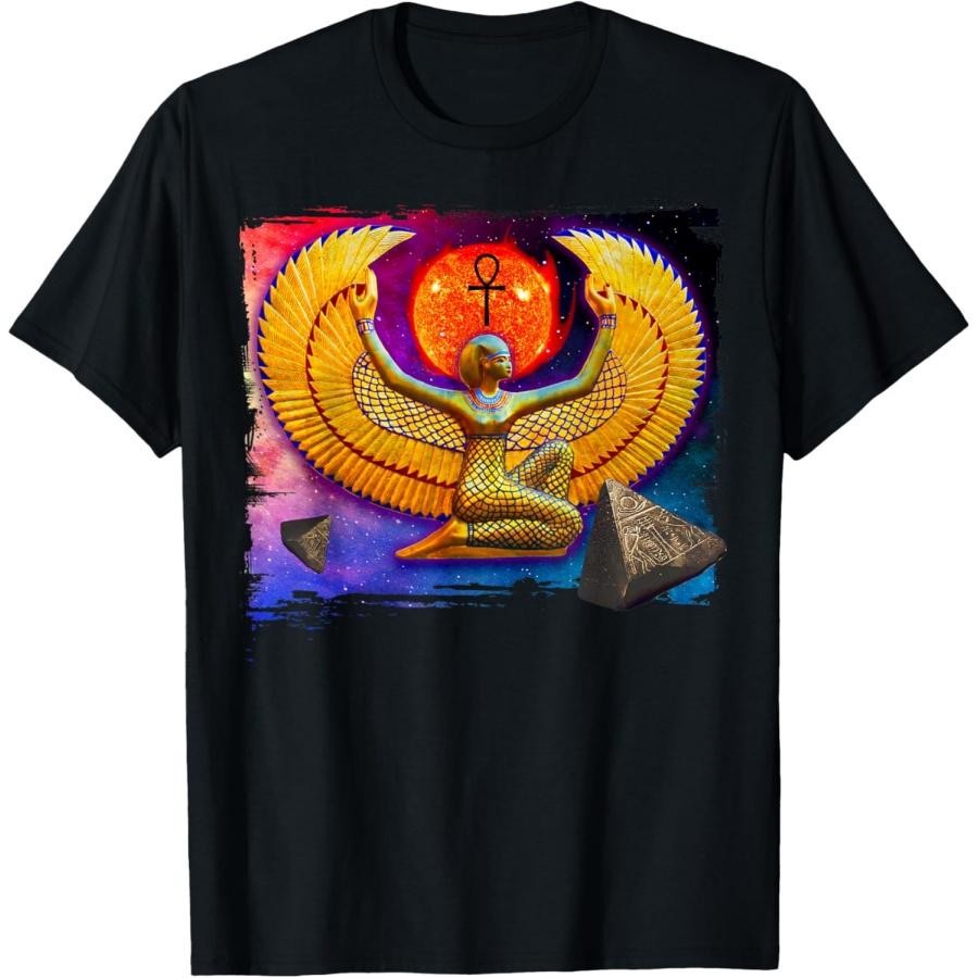 Isis Egyptian Goddess Gold Statue with Pyramids T-Shirt S