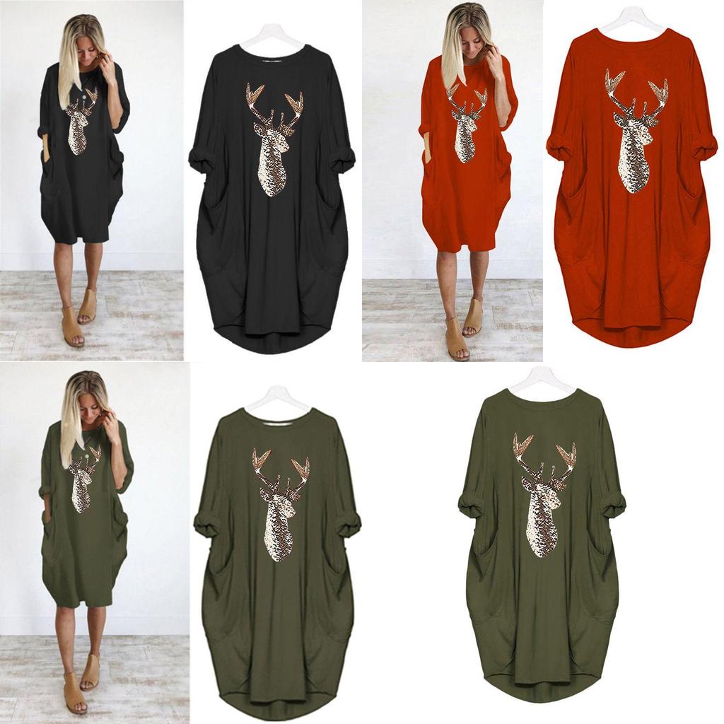 Women's Christmas Deer Pattern Printed Round Neck Dress With Full Sleeves And Stylish Design