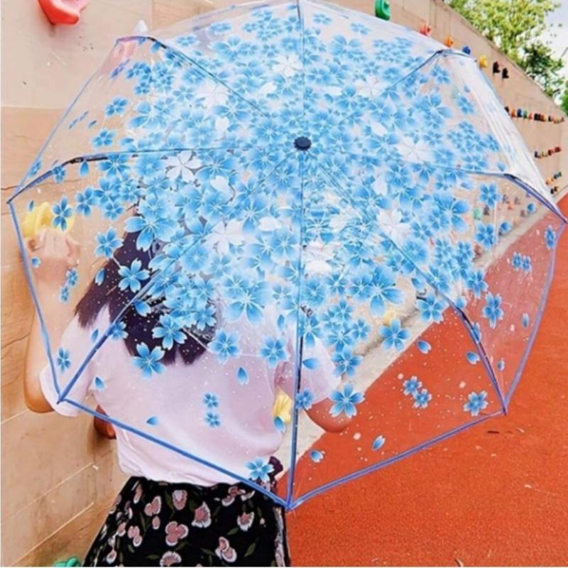 Fashionable Sakura Fresh Transparent Petal Umbrella with 8 Bones Fully Automatic 3-Fold Girls' Travel Umbrella Durable Sturdy