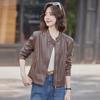 Women's Sheepskin Motorcycle Jacket: Genuine Leather, Stand-Up Collar, Short Style for Spring & Autumn.