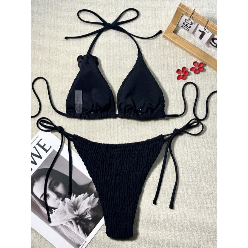 2 Piece Women 3D Rose Flower Bikini Set Smocked Textured Triangle Halter Tie Side Solid Color Sexy Push Up Beach Vacation Bathing Suit