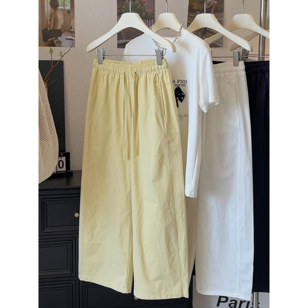 Women's High Waist Drawstring Wide Leg Cropped Pants Loose Fit Casual Linen Blend Ankle Trousers For Summer Daily Wear