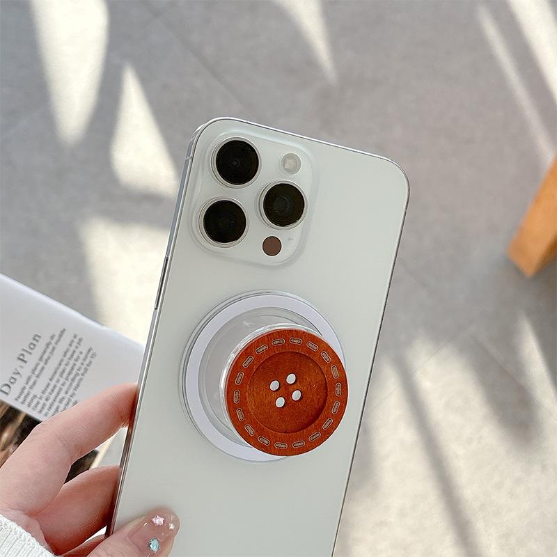 Retro Wooden Button Magnetic Phone Holder with Airbag Finger Grip