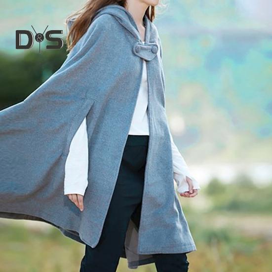 Winter Women Cape Coat with Hood Medieval Retro Cape Gothic Keep Warm Shawl Knee Length Loose Cloak Thick Single-Button Closure Outdoor Poncho Pirate