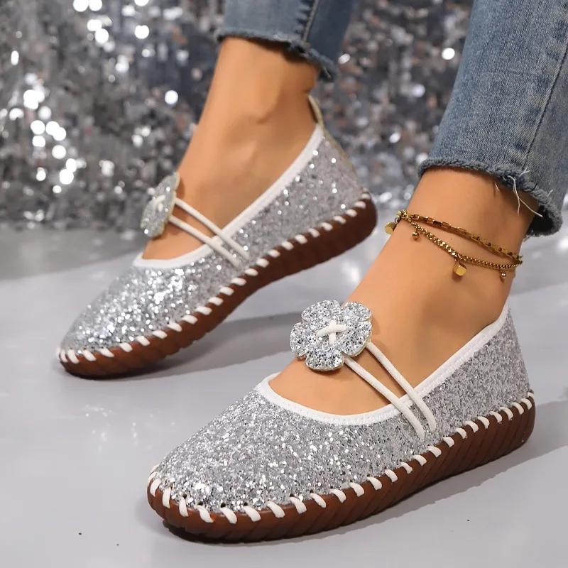 Fashion Bling Flowers Round Toe Flats Spring/autumn New Shallow Shoes Female 2025 High Quality Slip-on Sweet Flats Sapatos Planos