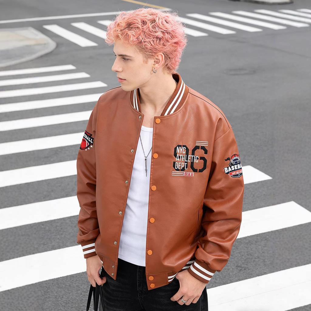 Men's PU leather jacket spring loose baseball jersey European and American style artificial leather embroidered jacket cross-border clearance