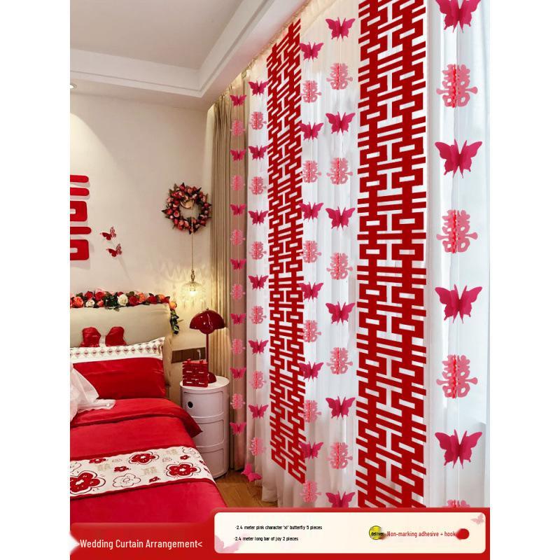 Wedding Room Decor Set: Double Happiness Curtains, Bay Window Trim, Bedroom Bows