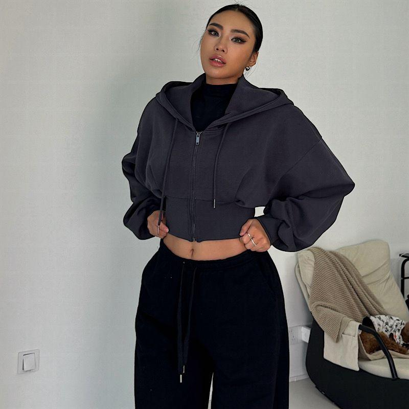 

Akiyo Studio European and American Sports Preppy Hoodie Women Retro Waist-Slimming Long sleeve Top Dark gray M