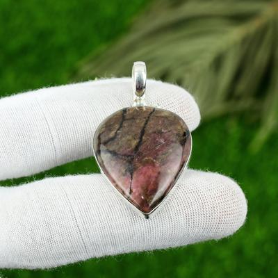 Ciondolo in Pietra Preziosa Rodonite Naturale Fatto a Mano Argento Sterling 925 Gioielli Indiani