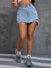 European & American Style Raw Hem Ripped Denim A-line Skort for Women