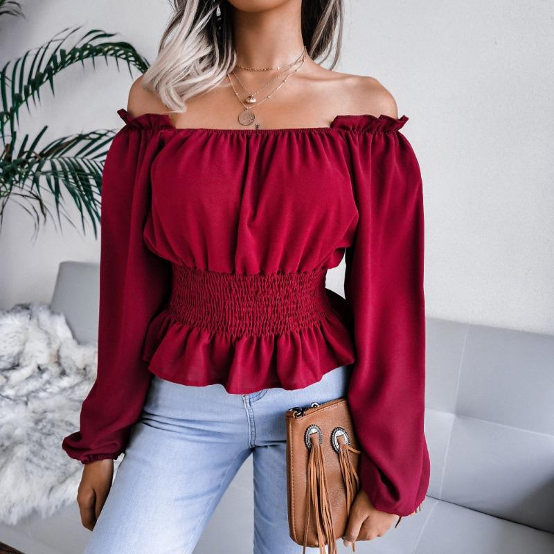 Fashion Elegant Off-shoulder Hem Ruffle Edge Blouse Women Slim Fit Pleated Solid Color Shirt Long Sleeve Casual Simple Short Top Sexy Women's Clothing