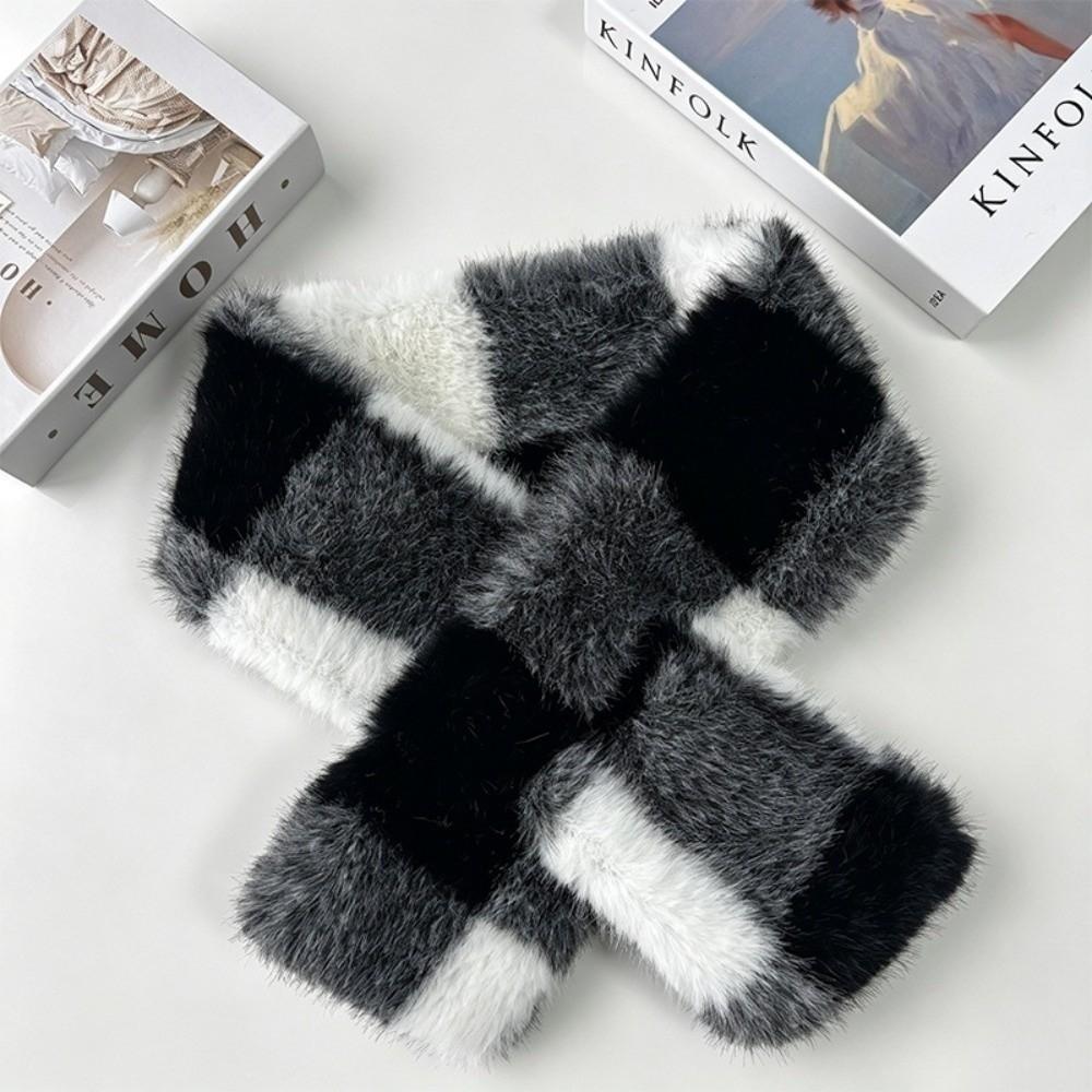 Faux Fur Winter Scarf Hat Plaid Fluffy Bucket Hat New Mink Wool Scarf Women