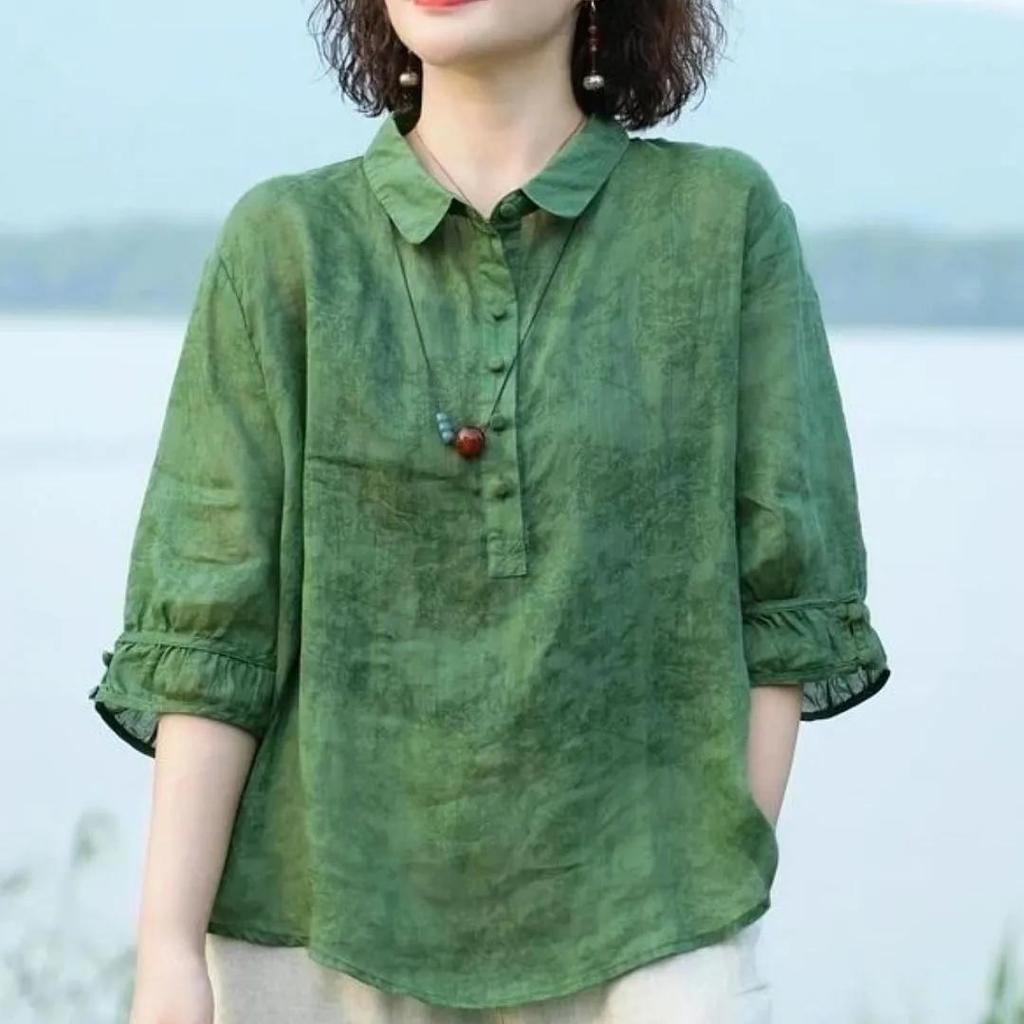 T-shirt sottile da donna a maniche corte per primavera ed estate, colletto da mamma che snellisce, maglia a pullover