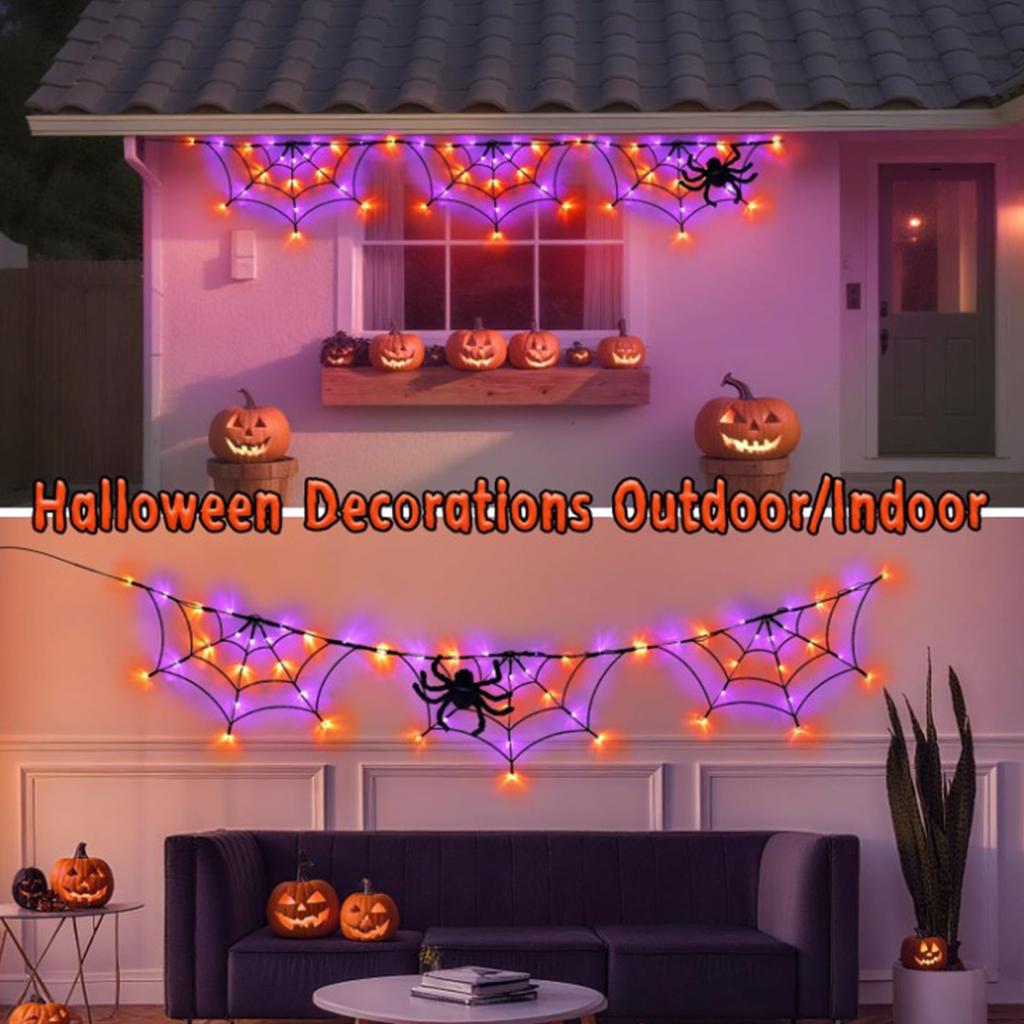 Halloween Decorative Web Light 6ft 60LED Battery Powered/USB Powered With Timer Black Spider 8 Modes, Indoor Outdoor Halloween Decoration, Orange