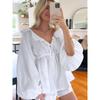 Fashion Style Summer Lantern Sleeve V Neck Tops Shorts Two-piece Set Lace up Top and Shorts Set