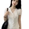 Summer New Sweet Wind Hollow Lace V-neck Short-sleeved Shirt Women's Slim and Thin Temperament Versatile Top