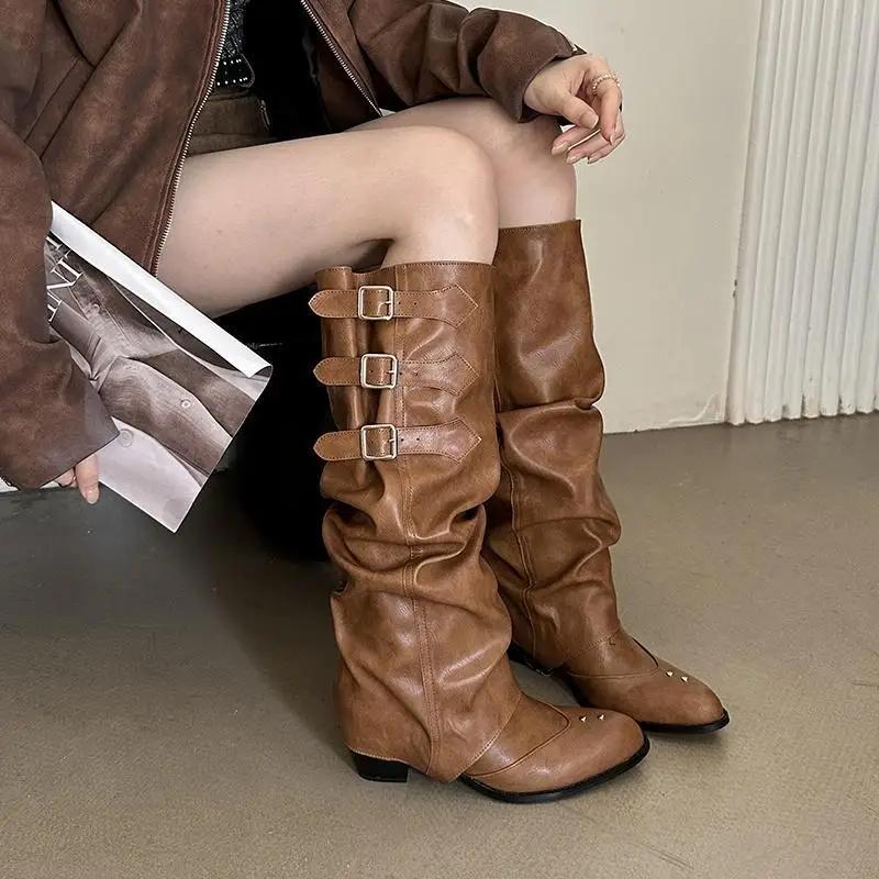 Spring and Autumn New Pointed Long tube Fashion Boots Thick Heel Fashion Western Cowboy Folded Stacked Boots