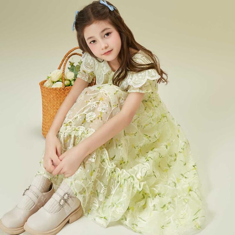 Little Tiger Patty Girls  Summer Sweet Embroidered Floral Puff Sleeve Dress 120cm