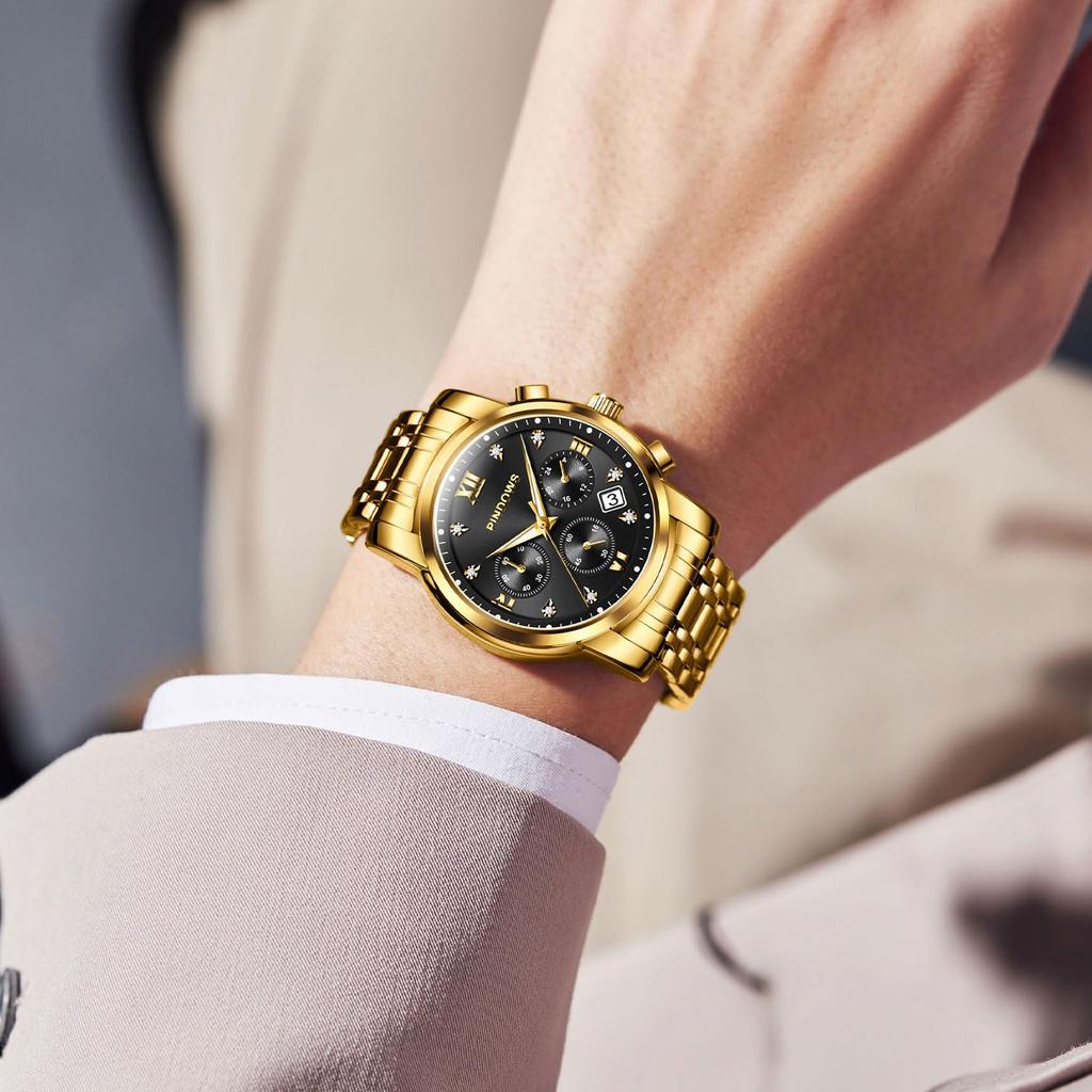 PINDOWS Luxury Quartz Chronograph Watch with Date Large Waterproof Business Stainless Steel Luminous Diamond Accents Men's Display, Dial, Watch, Band,