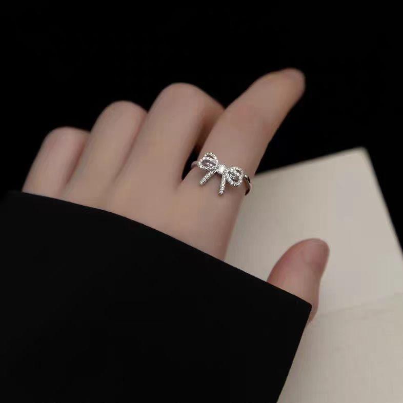 Bow Zircon Ring Women'S Super Flash Micro Inlaid Fashion Versatile Temperament Ring Open Index Finger Ring