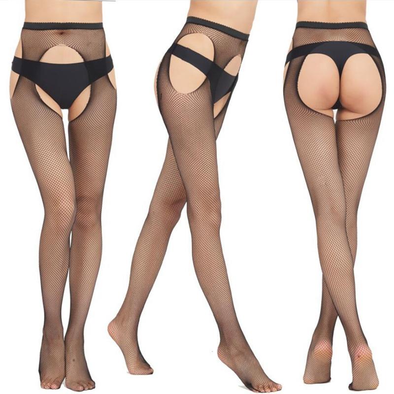 Women Long Sexy Hollow Out Fishnet Stockings Open Crotch Pantyhose Black High Waist Stocking Tights Panty Fishnet Lingerie Socks